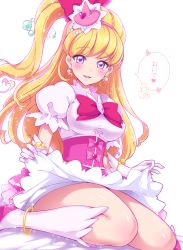 Rule 34 | 1girl, anklet, asahina mirai, blonde hair, blush, boots, bow, breasts, clothes lift, cure miracle, female focus, gem, gyaru, hair bow, hairband, half updo, hat, high ponytail, highres, hime gyaru, jewel (the black canvas), jewelry, knee boots, lap pillow invitation, long hair, looking at viewer, magical girl, mahou girls precure!, mini hat, mini witch hat, pink bow, pink hat, ponytail, precure, purple eyes, sitting, skirt, skirt lift, smile, solo, wariza, white background, white boots, witch hat