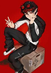 1boy absurdres belt between_fingers black_hair black_nails black_pants box cross earrings goggles goggles_on_head hair_between_eyes highres holding jacket jewelry long_sleeves looking_at_viewer male_focus multiple_rings pants pointy_ears red-tinted_eyewear red_background red_eyes red_hair ring shoes short_hair sitting smile sneakers solo tinted_eyewear zyllypepper