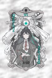 Rule 34 | 1boy, absurdres, aqua eyes, belt, black belt, black hair, black vest, closed mouth, collared shirt, cowboy shot, cthulhu mythos, daoloth, half updo, heterochromia, highres, hong lu (project moon), kalliope orc, limbus company, long hair, looking at viewer, necktie, project moon, red necktie, shirt, smile, solo, very long hair, vest, white shirt