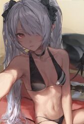 1girl absurdres arm_between_legs bikini black_bikini black_bow black_choker blue_archive bow breasts choker closed_mouth collarbone cowboy_shot dark-skinned_female dark_skin eyewear_on_head hair_bow hair_over_one_eye highres iori_(blue_archive) iori_(swimsuit)_(blue_archive) leaning_forward long_hair looking_at_viewer mmmmmoill official_alternate_costume outstretched_arm parted_lips pointy_ears red_eyes side-tie_bikini_bottom small_breasts solo sunglasses swimsuit twintails white_hair