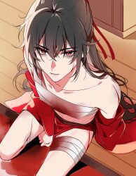 1boy bags_under_eyes bandaged_chest bandaged_leg bandages bare_shoulders bishounen black_hair blood blood_on_chest blood_on_ground blood_on_leg bruise chinese_clothes chinese_commentary clothes_down collarbone dao_gui_yi_xian eyelashes from_above hair_between_eyes hair_ribbon half_updo hanfu highres injury li_huowang long_hair looking_at_viewer looking_up male_focus moxiaobingbuxiao off_shoulder on_floor open_clothes open_robe parted_lips red_eyes red_ribbon red_robe ribbon robe scar scar_on_face scar_on_leg scar_on_shoulder sitting solo very_long_hair wooden_floor