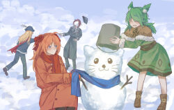 2boys 2girls :d ^_^ ahoge anna_(epic_battle_fantasy) black_coat black_hat blonde_hair blue_eyes brown_capelet bucket capelet closed_eyes coat commentary dress english_commentary epic_battle_fantasy flower_hairpin green_dress green_hair hat highres lance_(epic_battle_fantasy) long_hair matt_(epic_battle_fantasy) military_hat mittens multiple_boys multiple_girls natalie_(epic_battle_fantasy) open_mouth orange_coat orange_hair outdoors pirate_hat quad_tails red_hair red_mittens red_scarf scarf short_hair ski_e524 smile snow snow_sculpture snowball snowball_fight unworn_hat unworn_headwear winter