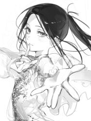 1girl dress flat_chest greyscale kamisaki_hikaru long_hair looking_at_viewer medalist_(manga) monochrome ponytail reaching reaching_towards_viewer simple_background sketch solo upper_body white_background yoruirooo777