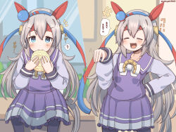 +++ 1girl :d animal_ears black_pantyhose blue_eyes blue_hairband blush_stickers bow bread closed_eyes commentary_request eating fang food frilled_skirt frills grey_hair hair_between_eyes hairband hand_on_own_hip headband highres holding holding_food horse_ears horse_girl horse_tail long_hair long_sleeves melon_bread multiple_views notice_lines open_mouth pantyhose pleated_skirt puffy_long_sleeves puffy_sleeves purple_shirt purple_skirt rakugakiraid red_headband school_uniform shirt sitting skirt smile standing tail tamamo_cross_(umamusume) tracen_school_uniform translation_request twitter_username umamusume v-shaped_eyebrows very_long_hair white_bow