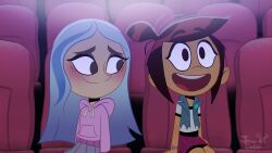 2girls absurdres artist_name closed_mouth commentary english_commentary highres indoors joseartcentenoofficial long_hair molly_mcgee movie_theater multiple_girls open_mouth short_hair signature smile star_vs_the_forces_of_evil teeth the_ghost_and_molly_mcgee theater_seating tongue upper_teeth_only very_long_hair