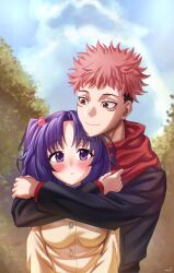1girl arms_around_another&#039;s_neck artist_name blush breasts clannad crossover highres hug ichinose_kotomi itadori_yuuji jujutsu_kaisen large_breasts long_hair pink_hair pointy_hair purple_eyes purple_hair school_uniform smile sweatdrop twintails