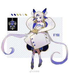 1girl absurdly_long_hair argyle_clothes argyle_coat bare_shoulders blue_dress blue_eyes blue_flower blue_hair blue_ribbon blunt_bangs border brown_sandals character_name chinese_commentary coat collarbone collared_coat color_guide colored_extremities commentary_request dress elbow_gloves eyelashes flower flower_button flower_request full_body gloves gradient_clothes gradient_dress gradient_hair green_pupils grey_background hair_flower hair_ornament happy leg_ribbon light_blush long_hair looking_at_viewer multicolored_hair open_mouth original outside_border personification polka_dot polka_dot_background reference_inset ribbon sandals short_dress sleeveless sleeveless_coat smile solo standing strapless strapless_dress twintails two-sided_coat two-sided_fabric two-tone_background very_long_hair watermark weibo_watermark white_background white_coat white_dress white_gloves white_hair wo_jiji
