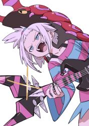 1girl blue_dress blue_eyes dress electric_guitar gen_5_pokemon guitar hair_bobbles hair_ornament haruyuki_(gffewuoutgblubh) holding holding_guitar holding_instrument instrument nintendo pokemon pokemon_(creature) pokemon_bw2 purple_dress roxie_(pokemon) scolipede short_hair simple_background striped_clothes striped_dress teeth topknot two-tone_dress upper_teeth_only white_background white_hair