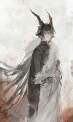 1boy absurdres alternate_costume animal_ears arknights bead_bracelet bead_necklace beads black_hair black_shirt bracelet chinese_commentary chunbuchou coat commentary_request cowboy_shot ebenholz_(arknights) expressionless forehead_jewel from_side fur-trimmed_coat fur_trim grey_background hair_between_eyes half-closed_eyes highres holding horns jewelry long_hair long_sleeves looking_at_viewer looking_to_the_side male_focus mandarin_collar multiple_necklaces necklace parted_lips purple_eyes shirt solo tibetan_clothes very_long_hair white_coat