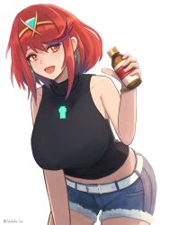 1girl bare_shoulders belt black_shirt blue_shorts breasts chest_jewel earrings fur-trimmed_shorts fur_trim highres holding jewelry labebebe_lee large_breasts leaning_forward looking_at_viewer open_mouth pyra_(xenoblade) red_eyes red_hair shirt short_hair short_shorts shorts simple_background sleeveless sleeveless_shirt solo swept_bangs tiara turtleneck turtleneck_shirt white_background white_belt xenoblade_chronicles_(series) xenoblade_chronicles_2