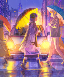 1girl 2boys 2others absurdres animal_ears arknights backlighting bag boots brown_skirt building car cityscape coat commentary crosswalk ears_through_hood elf from_side headlight_beam highres holding holding_bag holding_umbrella hood hooded_jacket jacket laurel_crown long_hair lyuqiu motor_vehicle muelsyse_(arknights) multiple_boys multiple_others night open_clothes open_coat outdoors pointy_ears rain skirt solo solo_focus umbrella very_long_hair walking white_coat