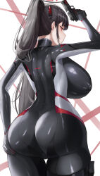 1girl absurdres arm_up ass ass_support black_bodysuit blue_archive blush bodysuit breasts closed_mouth from_behind grabbing_own_ass gun halo handgun highres holding holding_gun holding_weapon huge_ass huge_breasts long_hair looking_at_viewer looking_back m1911 official_alternate_costume ponytail red_eyes rio_(blue_archive) rio_(bodysuit)_(blue_archive) slime_nyang solo thick_thighs thighs weapon white_background wide_hips
