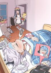 5girls absurdres ako_(blue_archive) bedroom black_hair blonde_hair blue_archive blue_hair bowl cellphone cold_pack demon_girl demon_horns fever food fuuka_(blue_archive) grey_hair halo haruyuki_(gffewuoutgblubh) highres hina_(blue_archive) holding holding_bowl holding_food horns ibuki_(blue_archive) indoors iori_(blue_archive) multiple_girls official_alternate_costume on_bed open_door open_mouth pajamas phone revision sick smartphone thermometer under_covers white_hair