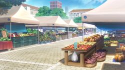 bag blue_sky building bush cloud cloudy_sky day eggplant fern flower food fruit highres market market_stall no_humans non-web_source official_art our_life:_beginnings_and_always outdoors plant potted_plant pumpkin scenery sign sky tent tomato tree watermelon