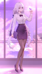 1girl alternate_costume artist_name blurry blurry_background book bow bowtie breasts bug butterfly butterfly_on_hand castorice_(honkai:_star_rail) closed_mouth collared_shirt commentary full_body grey_pantyhose hand_up hashtag-only_commentary high_heels highres holding holding_book honkai:_star_rail honkai_(series) indoors insect large_breasts long_hair long_sleeves nail_polish office_lady paid_reward_available pantyhose pencil_skirt pointy_ears purple_bow purple_bowtie purple_butterfly purple_eyes purple_hair purple_nails purple_pupils purple_shoes purple_skirt shirt shoes sidelocks skirt smile solo standing very_long_hair white_shirt yunkaiming