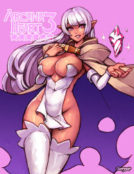 1girl arcana_heart breasts cape cleavage crystal dark-skinned_female dark_skin female_focus highres hip_focus junkpuyo large_breasts long_hair looking_at_viewer parace_l&#039;sia pink_background pink_eyes pointy_ears purple_hair revealing_clothes signature simple_background smile solo thighhighs thighs white_thighhighs wide_hips
