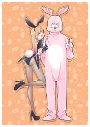Rule 34 | 1boy, 1girl, animal costume, animal ears, arm behind head, ass, black coat, black leotard, black pantyhose, black shoes, blonde hair, breasts, brown pantyhose, coat, commentary, fake animal ears, fake tail, full body, gojou wakana, hand on another&#039;s shoulder, hetero, high heels, highres, kitagawa marin, large breasts, leotard, looking at viewer, mascot costume, nishihara erika, one eye closed, open mouth, pantyhose, playboy bunny, rabbit costume, rabbit ears, rabbit tail, shoes, smile, sono bisque doll wa koi wo suru, standing, standing on one leg, symbol-only commentary, tail, tailcoat playboy bunny, trembling, v