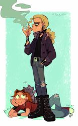 Rule 34 | black cat, black jacket, black shirt, blonde hair, blue background, boots, bracelet, brown hair, cat, choker, dee (metal family), earrings, eyeliner, hair tie, heavy (metal family), jacket, jewelry, makeup, metal family, mouse, red shirt, red shoes, shirt, shoes, smoke, smoking