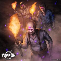 1girl 2boys bald beard black_hair brown_pants capcom dirty dirty_clothes facial_hair fire fog ganado gem gem_on_head glowing glowing_eyes glowing_gem grey_shirt highres jun_ishimaru mind_control monster monster_boy monster_girl multiple_boys mustache night no_pupils official_art pants purple_eyes resident_evil resident_evil_4 shirt short_hair skirt suspenders teppen torch weapon