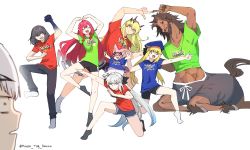 artoria_caster_(fate) artoria_caster_(second_ascension)_(fate) artoria_pendragon_(fate) arts_shirt baobhan_sith_(fate) barghest_(fate) beret blonde_hair buster_shirt centauroid double_v fate/grand_order fate_(series) fusion_dance grey_hair habetrot_(fate) hat heterochromia highres house_tag_denim long_hair melusine_(fate) morgan_le_fay_(fate) oberon_(fate) oberon_(third_ascension)_(fate) on_one_knee pants pink_hair pointing pointy_ears ponytail quick_shirt red_hare_(fate) shorts taur twintails twitter_username v white_background white_hair