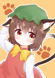1girl animal_ear_fluff animal_ear_piercing animal_ears arm_up blush bow bowtie brown_background brown_eyes brown_hair cat_ears cat_tail chen closed_mouth commentary_request earrings expressionless frills hair_between_eyes hat highres jewelry long_sleeves looking_at_viewer mob_cap multiple_tails nekomata paw_print paw_print_background red_skirt red_vest short_hair simple_background single_earring skirt skirt_set solo tail tareme toriki_fukuro touhou two_tails vest yellow_bow yellow_bowtie