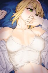 1girl artoria_pendragon_(fate) blonde_hair blush braid braided_bun breasts camisole covering_face eyelashes fate/stay_night fate_(series) green_eyes hair_bun lying on_back saber_(fate) small_breasts solo tamamoice upper_body