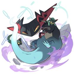 claws closed_mouth commentary_request dragapult dreepy energy gen_8_pokemon highres looking_at_viewer nintendo no_humans pokemon pokemon_(creature) poyo_party smoke stone white_background yellow_eyes
