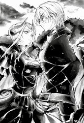 1boy 1girl absurdres armor belt breasts cape closed_mouth cloud cloudy_sky collared_cape couple dated_commentary dimitri_alexandre_blaiddyd dimitri_alexandre_blaiddyd_(timeskip) dress edelgard_von_hresvelg edelgard_von_hresvelg_(timeskip) eyepatch face-to-face fake_horns fire_emblem fire_emblem:_three_houses from_side fur-trimmed_cape fur_trim hair_between_eyes hair_up headpiece highres holding holding_polearm holding_weapon horns looking_at_another looking_down looking_up medium_breasts monochrome nintendo outdoors polearm short_hair sky soma_otakuu standing weapon