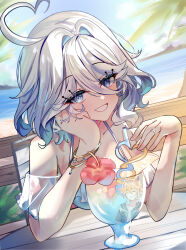 Rule 34 | 1boy, 1girl, absurdres, aether (genshin impact), ahoge, alternate costume, bare shoulders, beach, bimmy, blonde hair, blue eyes, blue hair, bracelet, closed eyes, drinking straw, furina (genshin impact), genshin impact, hair between eyes, hair intakes, hand on own cheek, hand on own face, heart, heart ahoge, heterochromia, highres, jewelry, looking at another, looking at viewer, multicolored hair, outdoors, railing, reflection, ring, short hair, smile, table, tropical drink, upper body, water, white hair