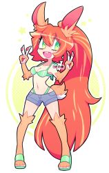 1girl animal_ears animal_hands bikini blue_shorts blush breasts brown_fur buck_teeth cleavage collarbone denim denim_shorts double_v eyes_visible_through_hair fur green_bikini green_eyes green_footwear highleg highleg_bikini long_hair looking_to_the_side medium_breasts navel open_mouth ponytail rabbit_ears rabbit_girl rabbit_paws rabbit_tail red_hair sandals shorts sprayjea standing star_(symbol) swimsuit tail teeth v white_background