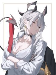 1girl black_choker black_gloves black_horns black_tail breasts choker cleavage closed_mouth collarbone collared_shirt commentary_request crossed_arms curled_horns demon_tail earrings glance gloves grey_hair half-closed_eyes highres horns jewelry key_earrings long_hair looking_at_viewer medium_breasts mole mole_under_eye necktie negse_38u red_eyes red_necktie shirt solo tail unworn_necktie upper_body white_shirt wuthering_waves zani_(wuthering_waves)