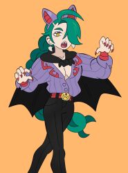 1girl ahoge alternate_costume alternate_hairstyle animal_ear_hairband animal_ears bat_ears bat_wings belt belt_buckle billspooks black_cape black_pants braid braided_ponytail breasts buckle cape claw_pose cleavage cosplay earrings eyeshadow fake_animal_ears fangs feet_out_of_frame fingernails full_body gen_4_pokemon gliscor gliscor_(cosplay) green_hair hair_over_one_eye hairband half-closed_eyes halloween_costume hands_up highres huge_ahoge jewelry long_hair long_sleeves looking_at_viewer makeup nail_polish nintendo open_mouth orange_background pants partially_unbuttoned pink_shirt pokemon pokemon_sv puffy_long_sleeves puffy_sleeves purple_eyeshadow purple_hairband red_belt red_nails rika_(pokemon) sharp_fingernails shirt simple_background solo standing tooth_earrings vampire vampire_costume wings yellow_eyes