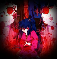 2girls amaterasu_(masa) blood blood_from_mouth blood_on_face blood_splatter bloody_tears blue_hair commentary_request evil_smile glasses gumi hair_ornament hairclip hatsune_miku japanese_clothes kimono long_hair multiple_girls multiple_views partial_commentary pink_kimono red_eyes short_hair siblings sisters smile song_name stab translated tsukuyomi_(masa) twins twintails urei_(lunatic737) vocaloid watashi_no_nanatsu_no_oiwai_ni_(vocaloid) weapon