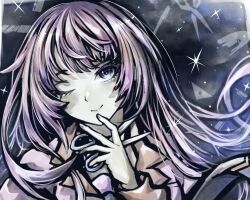 Rule 34 | 1girl, bakemonogatari, blue eyes, closed mouth, collared shirt, eyelashes, hand up, highres, holding, holding scissors, long hair, long sleeves, looking at viewer, monogatari (series), naoetsu high school uniform, one eye closed, pink shirt, portrait, purple hair, school uniform, scissors, senjougahara hitagi, shirt, smile, solo, star (sky), starry sky background, tsukihi shida, very long hair