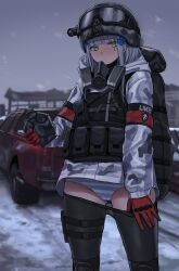 1girl absurdres backpack bag black_pantyhose blunt_bangs blush camouflage camouflage_jacket canteen car clothes_pull commentary_request facial_mark girls&#039;_frontline gloves goggles goggles_on_headwear green_eyes grey_hair hair_ornament helmet highres hk416_(fang)_(girls&#039;_frontline) hk416_(girls&#039;_frontline) holding holding_canteen jacket kuro_(zhurunbo1997) last_man_battalion long_hair long_sleeves looking_at_viewer mask military military_combat_uniform military_uniform motor_vehicle outdoors panties pantyhose pantyhose_pull pickup_truck pulling_own_clothes red_gloves respirator snow snow_camouflage snowing striped_clothes striped_panties sweat teardrop thigh_strap tom_clancy&#039;s_the_division truck underwear vest winter_uniform