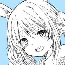 1girl animal_ear_fluff animal_ears blue_background braid commentary_request hair_between_eyes highres hololive kiritoma looking_at_viewer monochrome open_mouth portrait rabbit-shaped_pupils rabbit_ears short_eyebrows simple_background solo symbol-shaped_pupils thick_eyebrows twin_braids twintails usada_pekora virtual_youtuber
