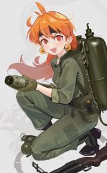 1girl absurdres commentary earrings english_commentary explosive fangs flamethrower fuel full_body grenade grenade_launcher headband highres jewelry lina_inverse long_hair m26_grenade m2_flamethrower m79 military military_uniform open_mouth orange_hair polilla red_eyes simple_background slayers smile solo vietnam_war weapon