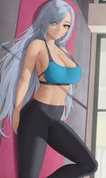 1girl alternate_costume alternate_eye_color alternate_hairstyle bad_id bad_pixiv_id black_pants breasts cleavage closed_mouth genshin_impact green_eyes grey_hair hair_over_one_eye highres knee_up large_breasts long_hair lying midriff on_back pants shenhe_(genshin_impact) solo sports_bra strap_gap thighs tile_floor tiles very_long_hair wavy_hair yoga_mat yoga_pants zaphn
