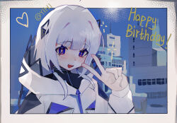 1girl :d absurdres blush bob_cut cevio faux_traditional_media hair_ornament hand_up happy_birthday heart highres hood hood_down hooded_jacket jacket kafu_(cevio) kamitsubaki_studio long_hair looking_at_viewer low_twintails open_mouth outside_border portrait purple_eyes smile solo teeth twintails twitter_username upper_teeth_only v white_hair white_jacket yihi