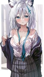 1girl animal_ear_fluff animal_ears blue_archive blue_eyes blue_jacket blue_necktie blush breasts buttoned_cuffs buttons collarbone collared_shirt cross_hair_ornament feet_out_of_frame furrowed_brow grey_hair hair_ornament highres jacket large_breasts long_sleeves looking_at_viewer medium_hair necktie parted_lips plaid_clothes plaid_skirt pleated_skirt saya_(mychristian2) school_uniform shiroko_(blue_archive) shirt shirt_tucked_in skirt solo undressing upper_body wet wet_clothes wet_shirt white_shirt wolf_ears