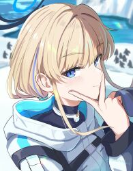 1girl bird black_shirt blonde_hair blue_archive blue_eyes blue_halo closed_mouth commentary_request doku-doku halo hand_up highres jacket long_hair long_sleeves looking_at_viewer low_ponytail multicolored_hair outdoors penguin ponytail shirt sidelocks smile snow solo streaked_hair toki_(blue_archive) v v_over_mouth white_jacket