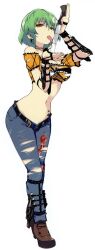 1girl denim green_hair groin highres hikage_(senran_kagura) jeans long_tongue navel official_art pants senran_kagura short_hair tagme tattoo tongue tongue_out