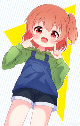 1girl black_shorts blue_dress blush brown_hair dress fang green_hoodie hood hoodie hoshino_hinata index_fingers_raised long_sleeves looking_at_viewer open_mouth ponytail r245 red_eyes short_hair shorts side_ponytail sleeveless sleeveless_dress smile standing striped_background watashi_ni_tenshi_ga_maiorita! white_background