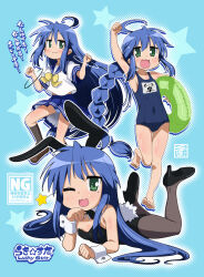 Rule 34 | 1girl, :3, ahoge, animal ear hairband, animal ears, black bow, black bowtie, black leotard, black pantyhose, blue background, blue hair, blue sailor collar, blue skirt, bow, bowtie, braid, covered navel, detached collar, fake animal ears, flat chest, full body, green eyes, hairband, highres, innertube, izumi konata, ki (adotadot), leotard, long hair, lucky star, lying, multiple views, name tag, old school swimsuit, on stomach, one eye closed, pantyhose, playboy bunny, pleated skirt, rabbit ears, rabbit tail, sailor collar, school swimsuit, school uniform, serafuku, shirt, single braid, skirt, smile, star (symbol), star symbol background, strapless, strapless leotard, swim ring, swimsuit, tail, white shirt, wrist cuffs, yellow bow