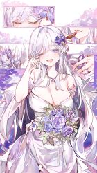 1girl absurdres applying_lipstick applying_makeup bare_shoulders blue_eyes blue_flower borrowed_character bouquet breasts cleavage cocoballking collarbone commission dress flower grey_hair hair_flower hair_ornament happy_tears highres holding holding_bouquet jewelry large_breasts lenhee_(kaito) lipstick long_hair looking_at_viewer makeup necklace one_eye_closed open_mouth original pixiv_commission ring smile solo tearing_up tears wedding_dress wedding_ring white_dress wiping_tears