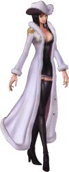 1girl 3d alabasta black_hair boots breasts coat cowboy_hat female_focus full_body fur_trim hat nico_robin nico_robin_(alabasta) official_art one_piece one_piece:_pirate_warriors solo standing thigh_boots thighhighs transparent_background white_hat