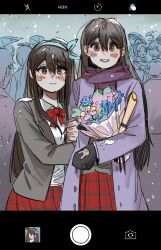 Rule 34 | 2girls, 6+others, aged down, alternate costume, aubrey (faraway) (omori), aubrey (omori), black eyes, black hair, black mittens, blue hairband, blush, bouquet, bow, bowtie, closed mouth, coat, collared shirt, double-parted bangs, faceless, fake screenshot, flower, gokun, hairband, highres, holding, holding bouquet, locked arms, long hair, looking at viewer, mari (faraway) (omori), mari (omori), mittens, multiple girls, multiple others, omori, open mouth, plaid clothes, plaid skirt, pleated skirt, purple coat, purple scarf, rain, red bow, red bowtie, red skirt, scarf, shirt, skirt, smile, tearing up, teeth, umbrella, upper teeth only, white shirt