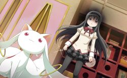 akemi_homura angry artist_request black_hair black_hairband black_skirt book bookshelf bow bowtie clenched_hand collared_shirt door dot_nose dutch_angle feet_out_of_frame fork frown game_cg gloom_(expression) grey_pantyhose hairband high_collar highres holding holding_fork indoors jitome juliet_sleeves kyubey lace lace-trimmed_shirt lace-trimmed_sleeves lace_trim light_blush long_hair long_sleeves looking_at_creature mahou_shoujo_madoka_magica mahou_shoujo_madoka_magica_magia_exedra miniskirt mitakihara_school_uniform official_art open_mouth pantyhose plaid_clothes plaid_skirt pleated_skirt puffy_sleeves purple_eyes red_bow red_bowtie school_uniform shaded_face shelf shirt skirt sparkle studded_hairband third-party_source very_long_hair white_sleeve_cuffs yellow_shirt