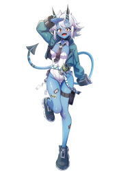 1girl :d absurdres adapted_costume blue_siin comaya full_body highres horns leotard oni open_mouth orange_eyes short_hair simple_background smile solo soukaku_(zenless_zone_zero) standing standing_on_one_leg tail white_background white_hair white_leotard zenless_zone_zero
