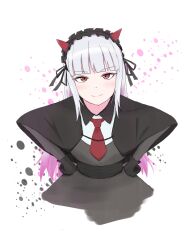 Rule 34 | 1girl, absurdres, black capelet, black dress, black gloves, black headdress, blunt bangs, blush, capelet, commentary, dress, gloves, highres, horns, leaning forward, love live!, love live! nijigasaki high school idol club, love live! nijigasaki high school idol club next sky, nayuko 15674, necktie, penelope (love live!), pink hair, red eyes, red horns, red necktie, solo, white background